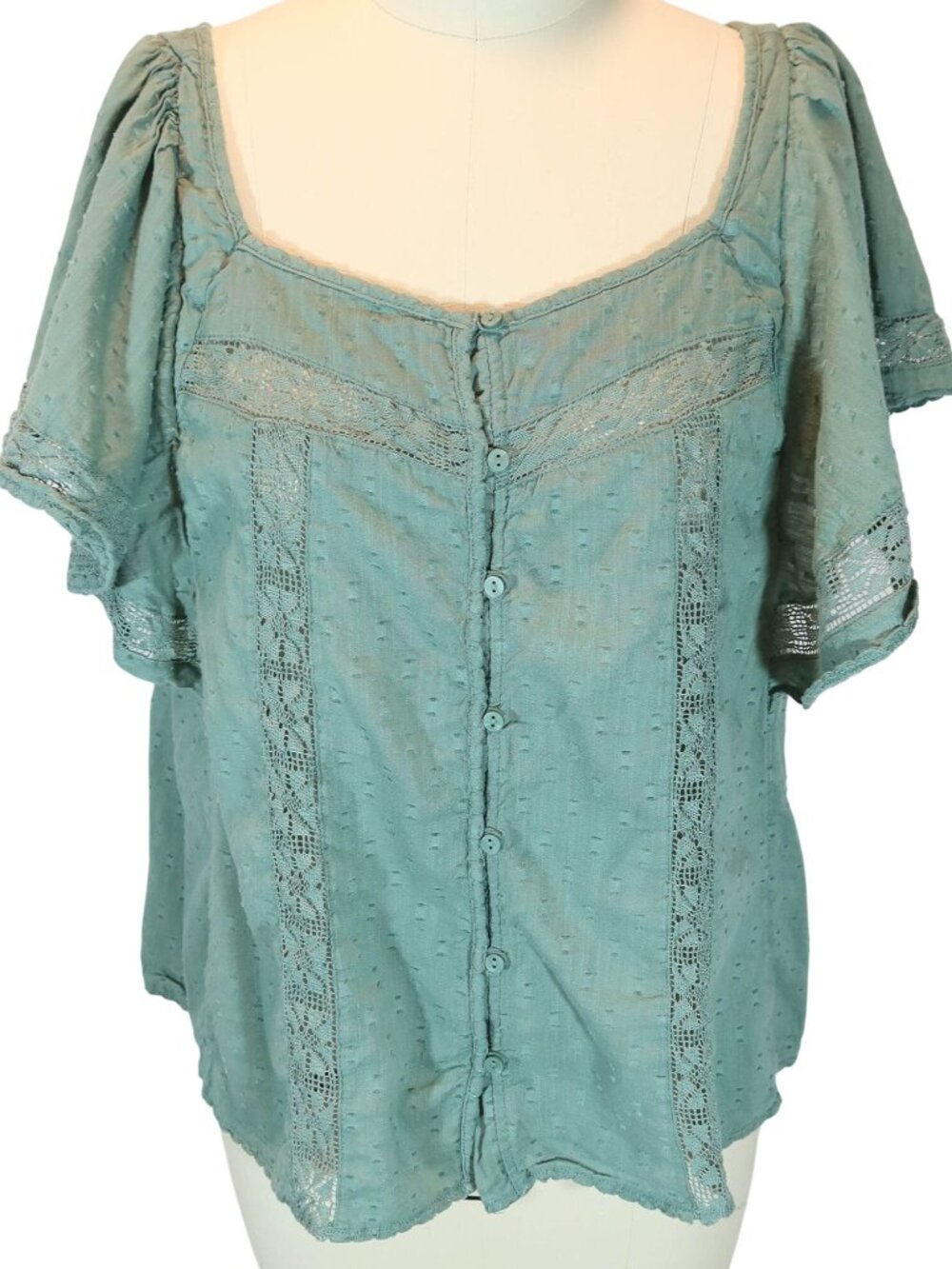 OLD NAVY Sage Green Angel Sleeve Crochet Lace Trim Top Size S Fairy Peasant Boho